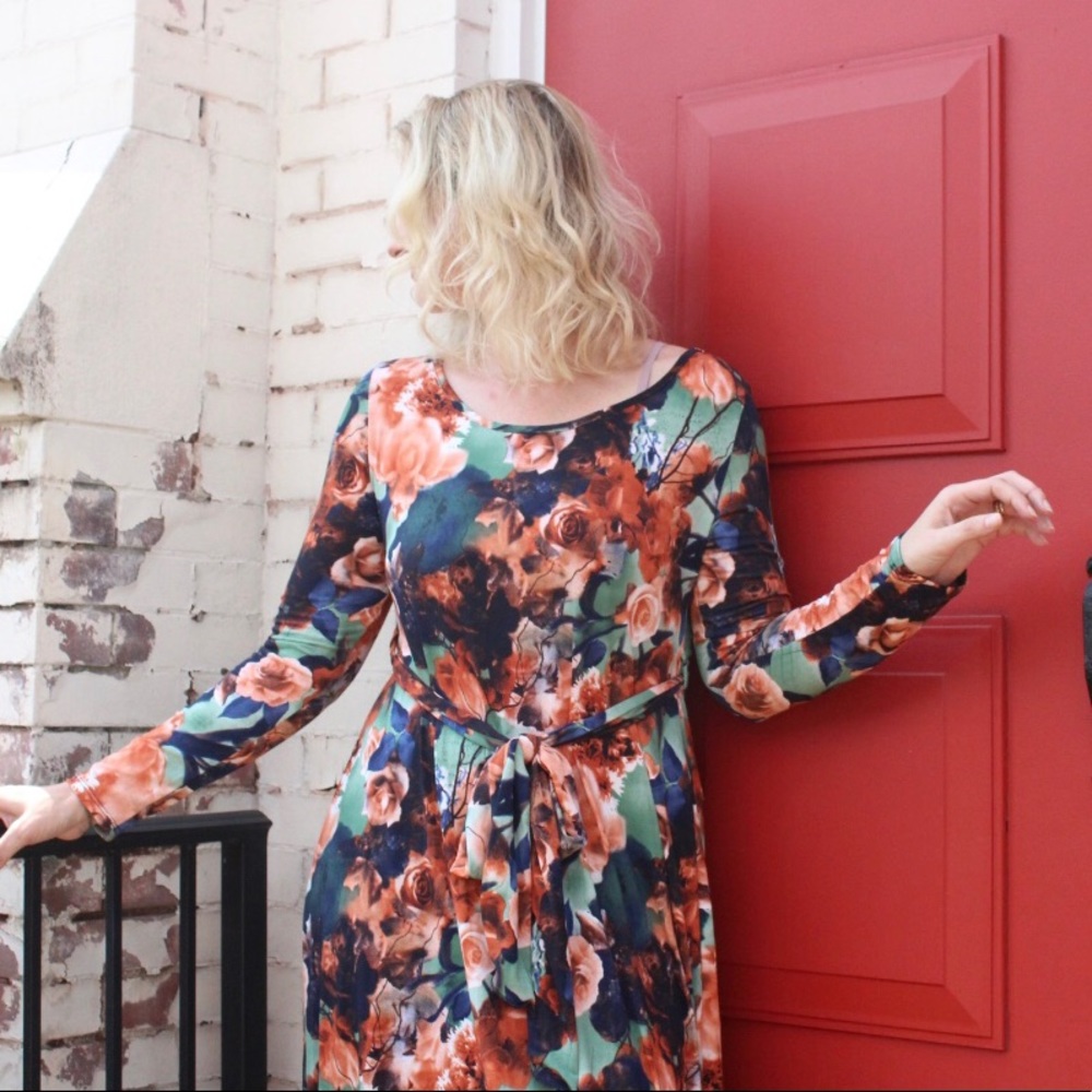 navy green orange floral maxi dress half sleeves - Picture 1 of 2